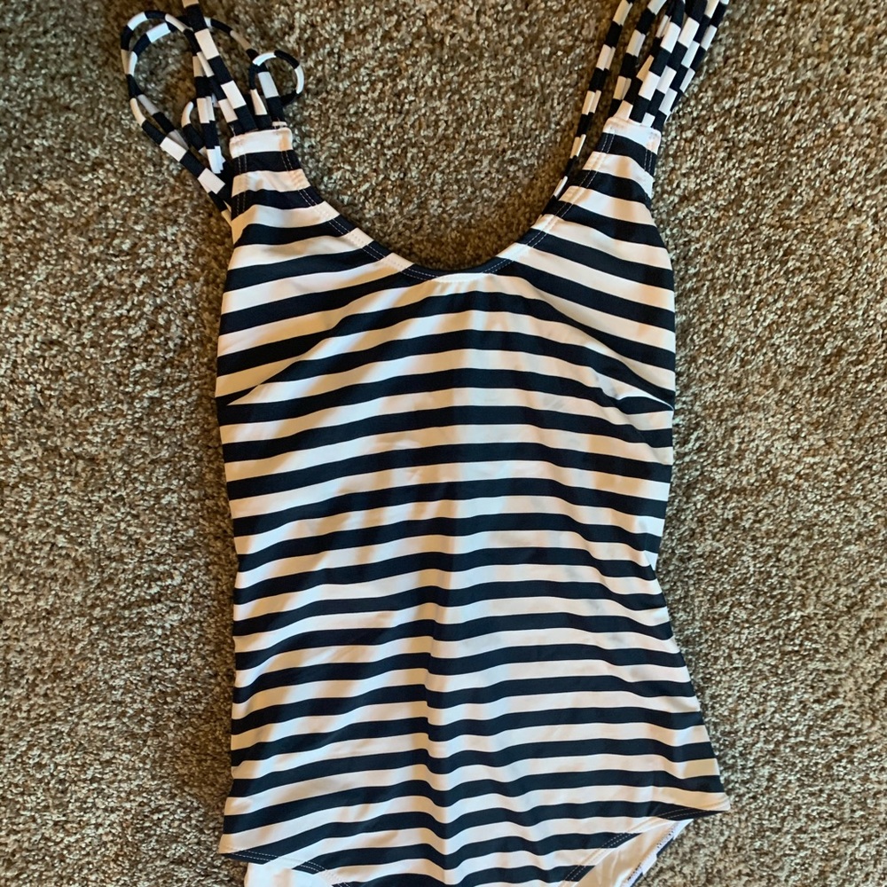 a cute blue and white striped bathing suit